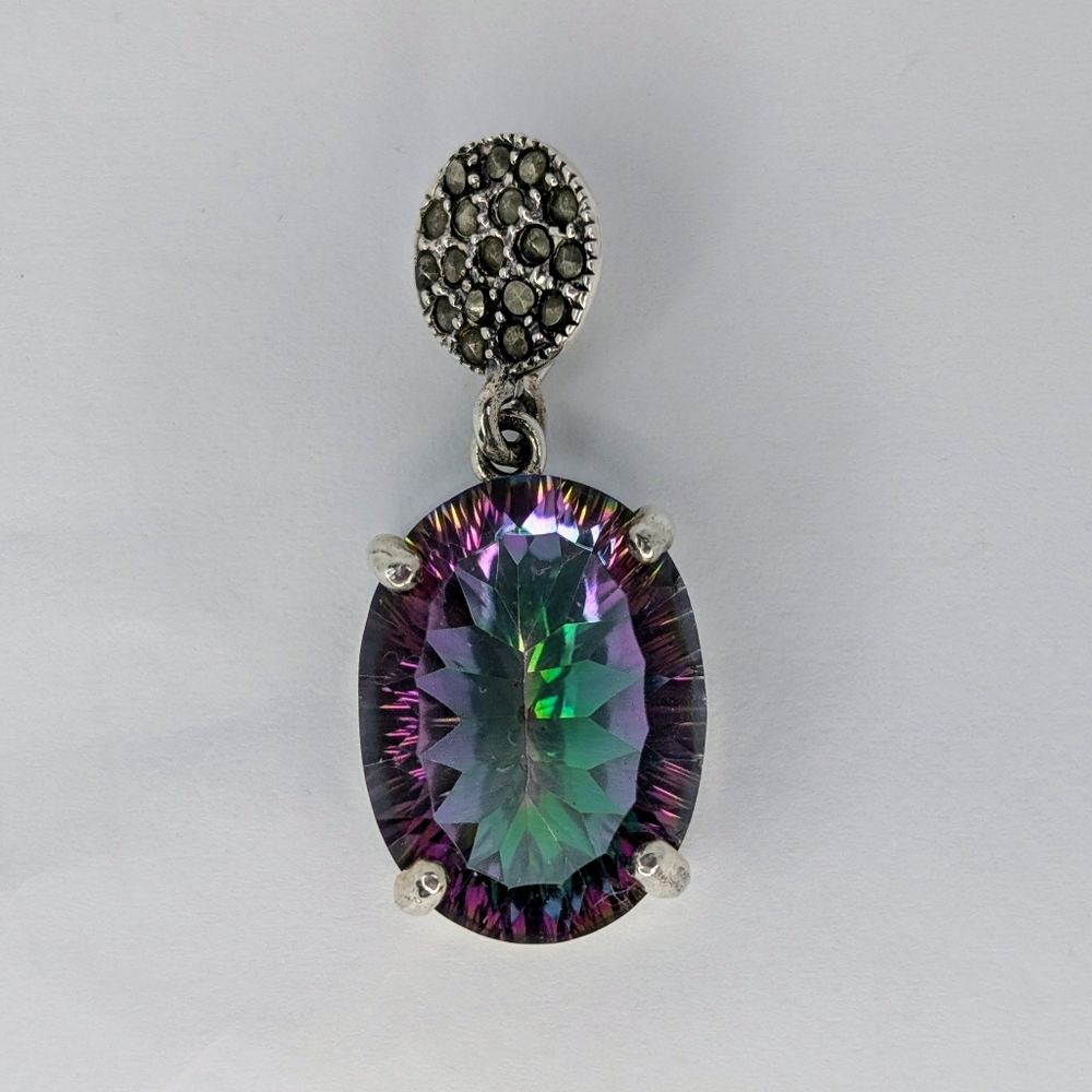 Large Natural Mystic Topaz with Marcasite S925 Sterling Silver Pendant